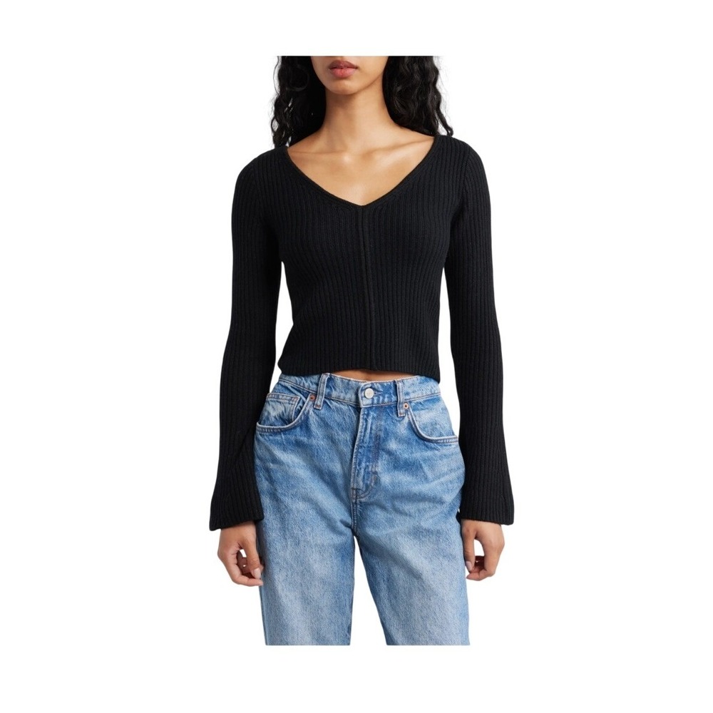 Madewell Ribbed V-Neck Sweater Top Black Merino Wool Knit XL